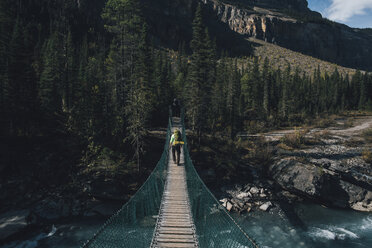 Canada, British Columbia, Mount Robson Provincial Park, man on swinging bridge on Berg Lake Trail - GUSF00484