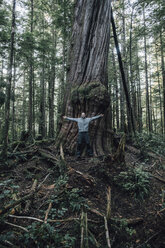 Canada, British Columbia, Vancouver Island, man on Cape Scott Trail at giant tree - GUSF00525