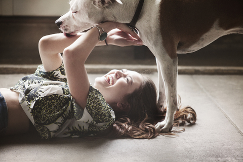 Cheerful woman with dog at home stock photo