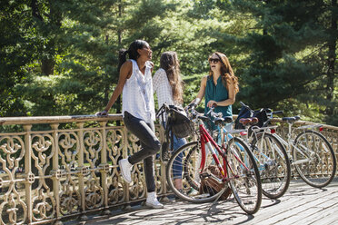 Fröhliche Freunde stehen mit Fahrrad am Geländer an einem sonnigen Tag - CAVF01249