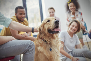 Menschen streicheln Hund in Gruppentherapie-Sitzung - CAIF06845