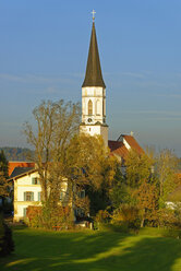 Deutschland, Bayern, Oberbayern, Haag, Kirche Mariä Himmelfahrt im Abendlicht - LBF01838