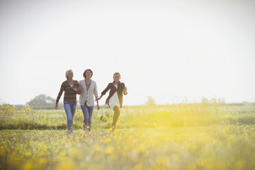 Multi-generation women walking in sunny meadow - CAIF07551