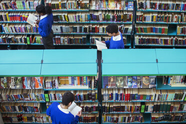 Erhöhte Ansicht von Gymnasiasten, die in der Bibliothek in Büchern blättern - CAIF07686