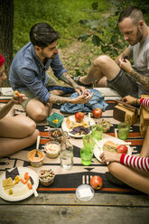 Hohe Winkelansicht von Freunden beim Essen im Wald - CAVF01658