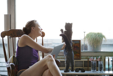 Happy woman playing with cat at window - CAVF02916