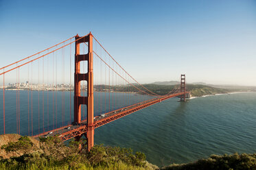 Scenic view of Golden Gate Bridge against blue sky - CAVF02930