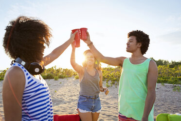 Glückliche Freunde stoßen an einem sonnigen Tag am Strand auf ein Getränk an - CAVF03196
