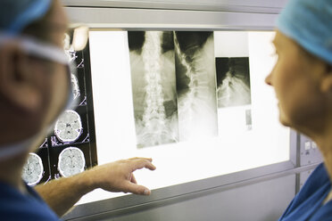 Zwei erwachsene Ärzte besprechen die Röntgen- und MRT-Aufnahmen eines Patienten - CAIF08424