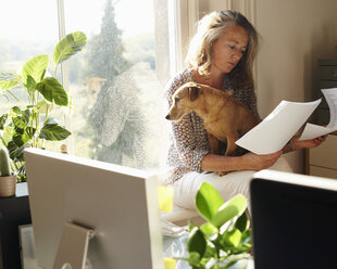 Frau mit Hund bei der Durchsicht von Papierkram im sonnigen Heimbüro - CAIF09008