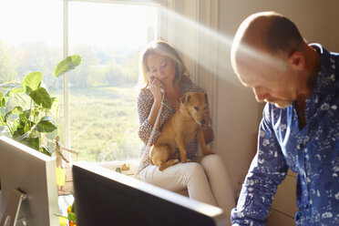 Paar mit Hund im sonnigen Büro zu Hause - CAIF09026