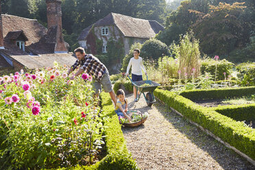 Family gardening in sunny flower garden - CAIF09166