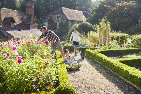 Familie bei der Gartenarbeit im sonnigen Blumengarten - CAIF09166