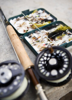 High angle view of fishing equipment on table stock photo