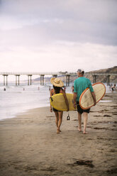 Rear view of couple with surfboard walking on shore at beach - CAVF04296