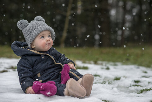Porträt eines kleinen Mädchens, das zum ersten Mal Schneeflocken beobachtet - LBF01842