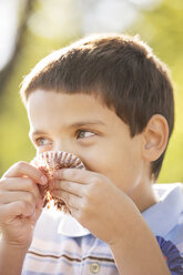 Boy looking away while eating cupcake at party - CAVF04755