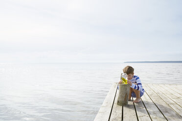 Junge untersucht Seegras in einem Glas auf einem sonnigen Steg am See - CAIF09424