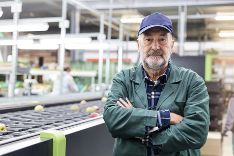Porträt eines selbstbewussten Arbeiters am Förderband in einem Lebensmittelverarbeitungsbetrieb, lizenzfreies Stockfoto