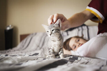Sibling with kitten on bed at home - CAVF04870
