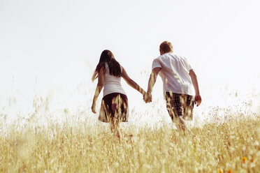 Rückansicht eines Paares, das sich an den Händen hält, während es auf einem grasbewachsenen Feld vor einem klaren Himmel steht - CAVF05073
