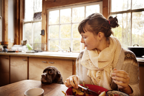 Frau sieht Hund an, während sie zu Hause am Tisch Obst schneidet, lizenzfreies Stockfoto