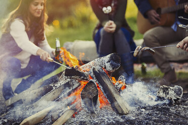 Friends cooking hot dogs and drinking beer at campfire - CAIF10710