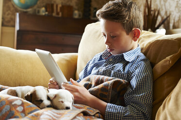 Junge mit digitalem Tablet und Welpen auf dem Schoß - CAIF11071