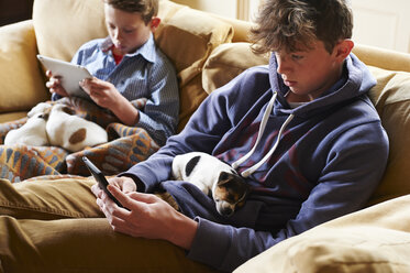 Jungen mit digitalem Tablet und Mobiltelefon und schlafenden Welpen auf dem Schoß - CAIF11074