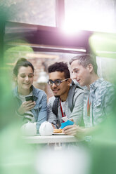 Men and women texting with cell phone in cafeteria - CAIF11120