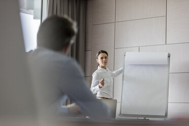 Businesswoman leading meeting at flipchart in conference room - CAIF11186