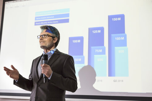 Geschäftsmann mit Mikrofon spricht vor einer Projektionsfläche mit Balkendiagramm - CAIF11201