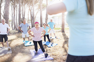 Ältere Erwachsene üben Yoga im sonnigen Park - CAIF11356