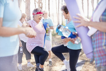 Ältere Frauen üben Yoga-Baumhaltung im Park - CAIF11400