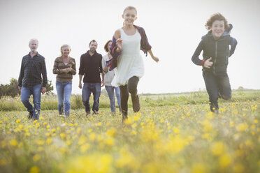 Energetic brother and sister running in meadow with family in background - CAIF11512