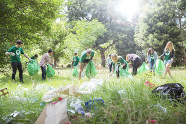 Freiwillige Umweltschützer sammeln Müll auf einem Feld auf - CAIF11976