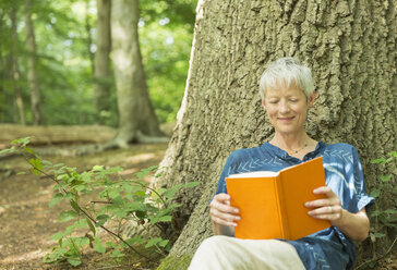 Lächelnde ältere Frau, die an einem Baum im Wald ein Buch liest - CAIF12220