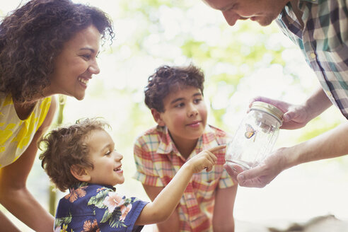 Familie beobachtet Schmetterling im Glas - CAIF12294