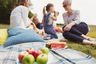 Äpfel und Wassermelone auf einer Picknickdecke bei einer Mehrgenerationenfamilie - CAIF12310