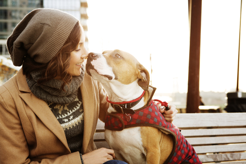 Frau mit Hund sitzt auf einer Bank vor einem Gebäude, lizenzfreies Stockfoto