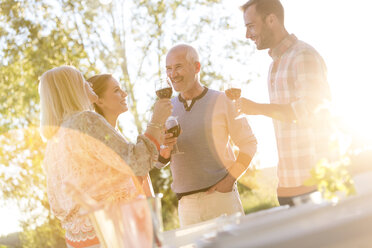 Älteres Ehepaar und erwachsene Kinder trinken Wein auf einer sonnigen Veranda - CAIF12696
