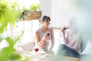 Frauen trinken Wein und unterhalten sich auf dem Sofa eines Cafés - CAIF12756