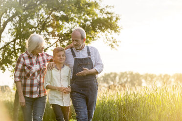 Grandparent farmers and grandson walking along rural wheat field - CAIF13034