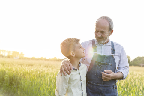 Großvater Bauer und Enkel umarmen sich in einem ländlichen Weizenfeld, lizenzfreies Stockfoto