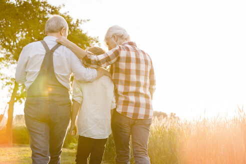 Liebevolle Großeltern und Enkel, die an einem sonnigen ländlichen Weizenfeld entlanggehen - CAIF13052