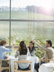 Friends toasting wine glasses in winery dining room - CAIF13360