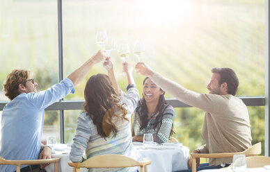 Freunde stoßen mit Weingläsern über Kopf am Esstisch des Weinguts an - CAIF13370