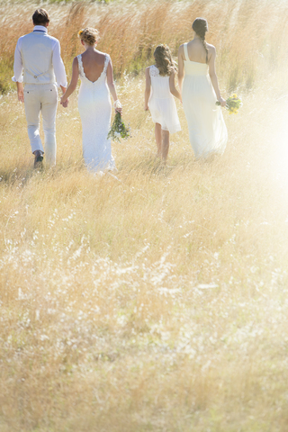 Junges Paar mit Brautjungfer und Mädchen auf einer Wiese, lizenzfreies Stockfoto
