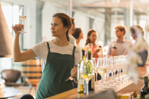 Angestellter in einer Weinprobierstube bei der Prüfung von Weißwein - CAIF13630