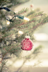 Red ornament and string lights on Christmas tree - CAIF14050